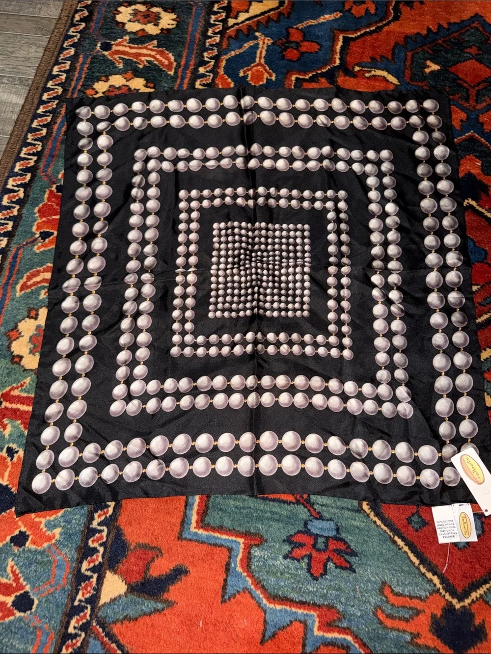 Vintage Talbots New Black and Pearl Pattern Decorative Scarf 100% Silk